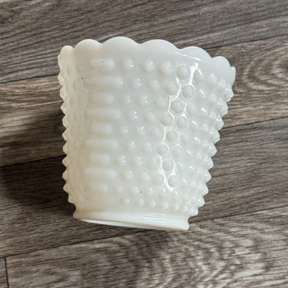 Fire-King Planter White Milk Glass Hobnail Basketweave Scalloped Rim Vintage